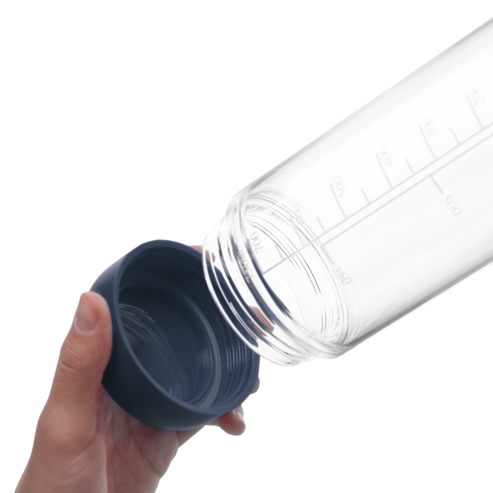 Glass bottle with removable base in Crew blue color