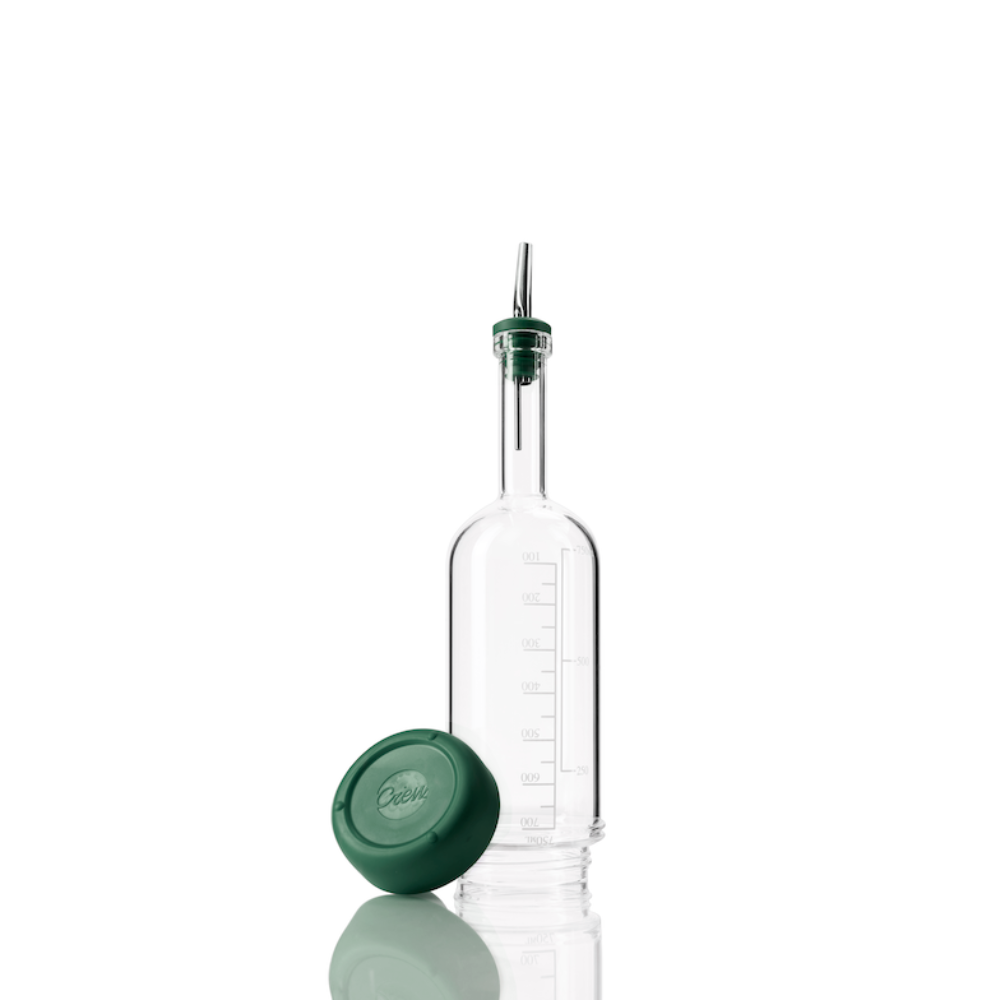 Pre-batch bar bottle with a green removable base, measurement lines, and a matching green pour spout