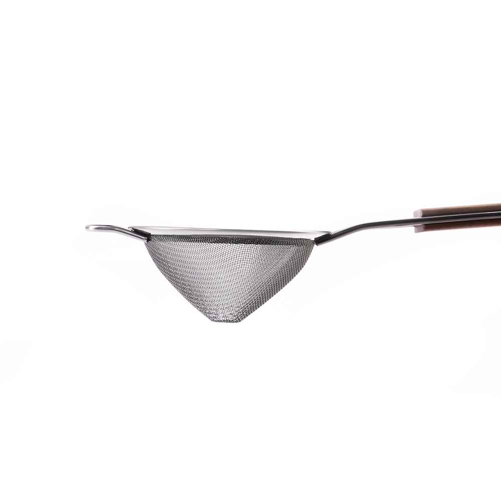 Fine Mesh strainer with wooden handle on a white background