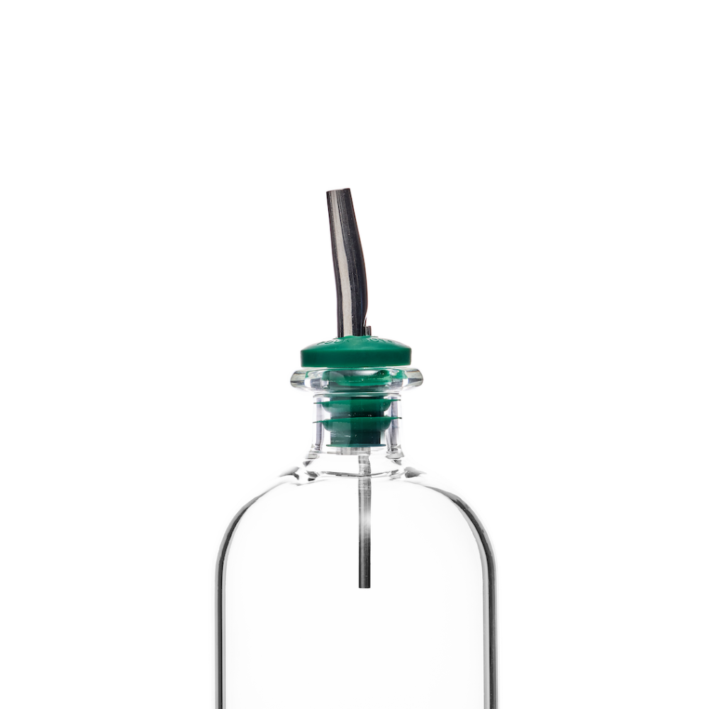 Green speed pourer spout in a Chubby Bottle pre-batch bottle