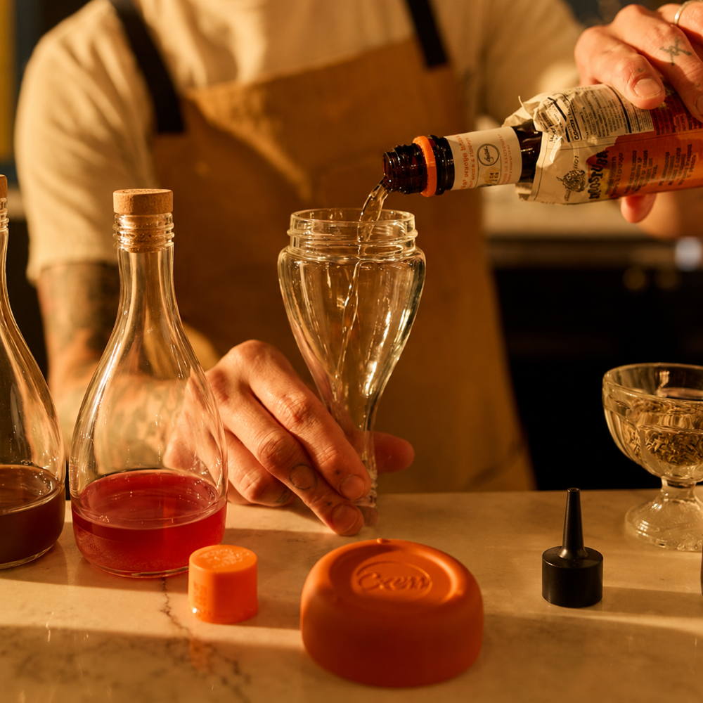 A person in a beige apron pours a Bitters liquid from an Angostura bottle into a Craft Tech® glass Crew Bitters Bottle on a marble bar top. 