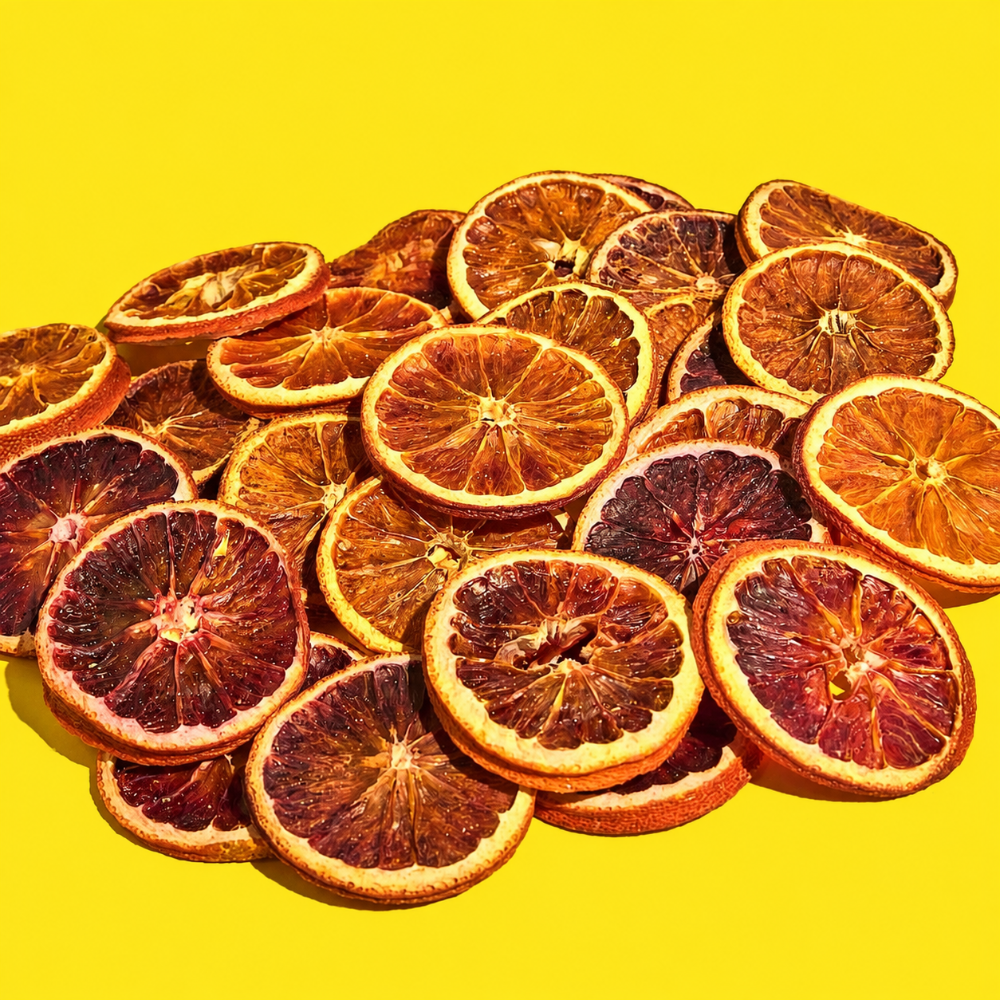 A pile of dried blood orange citrus slices arranged on a bright yellow background.