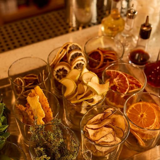 Dehydrated garnishes at a craft cocktail bar