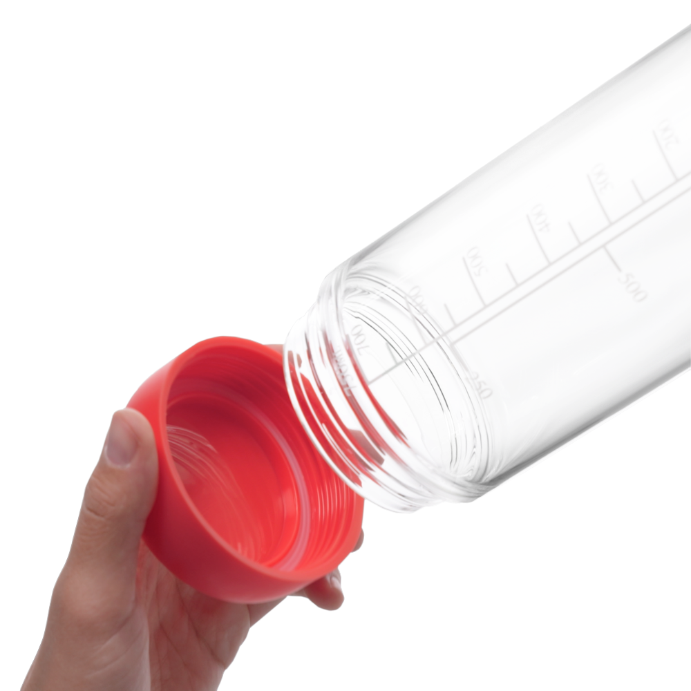 Glass bottle with removable base in Ruby color