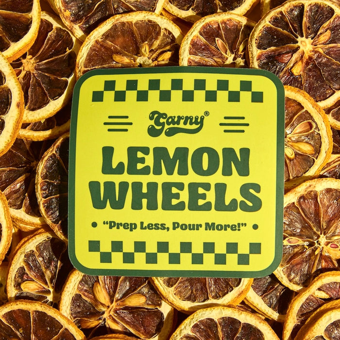 Dehydrated lemon slices for cocktail garnishes with label 