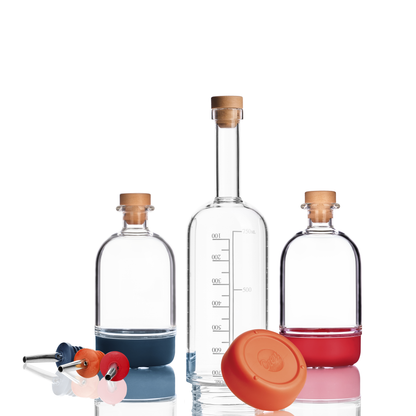 Barware bundle of batch bottles, bar bottles, and liquid pourers