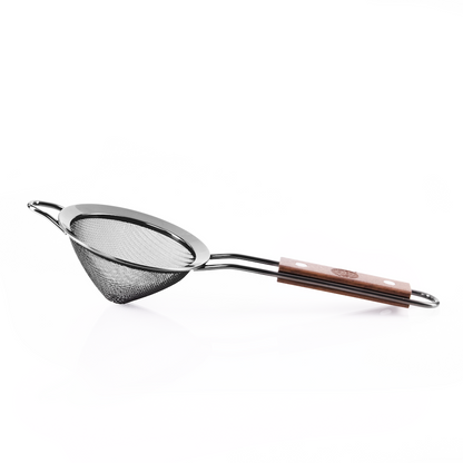 Stainless steel fine mesh strainer with a brown handle on a white background