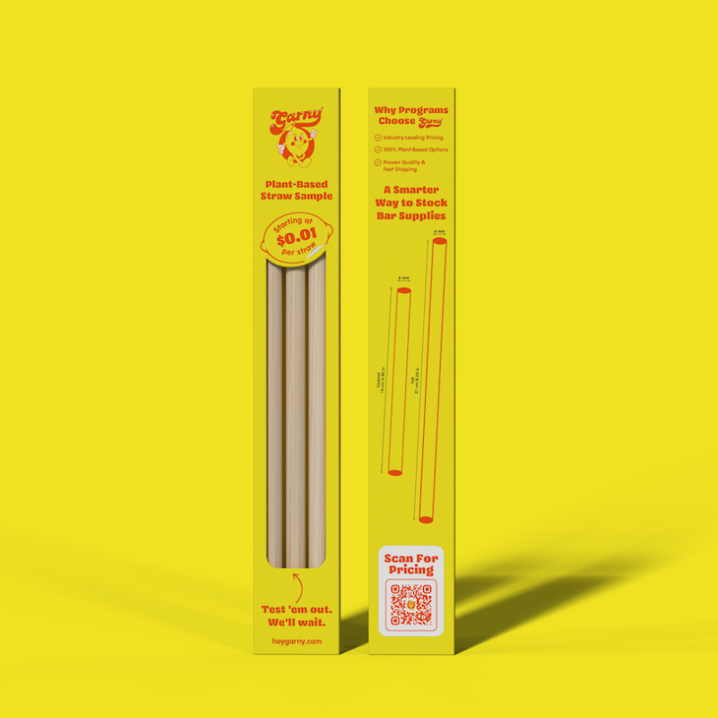 Yellow Garny straw sample box for Sugarcane straws made of bagasse on a yellow background