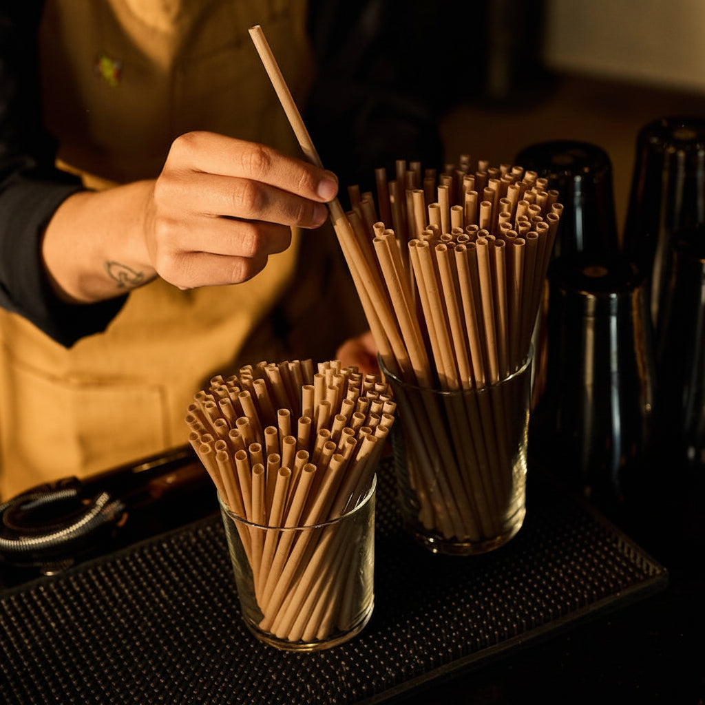 Bartender stocking Sugarcane bagasse straws into a glass on the bartop