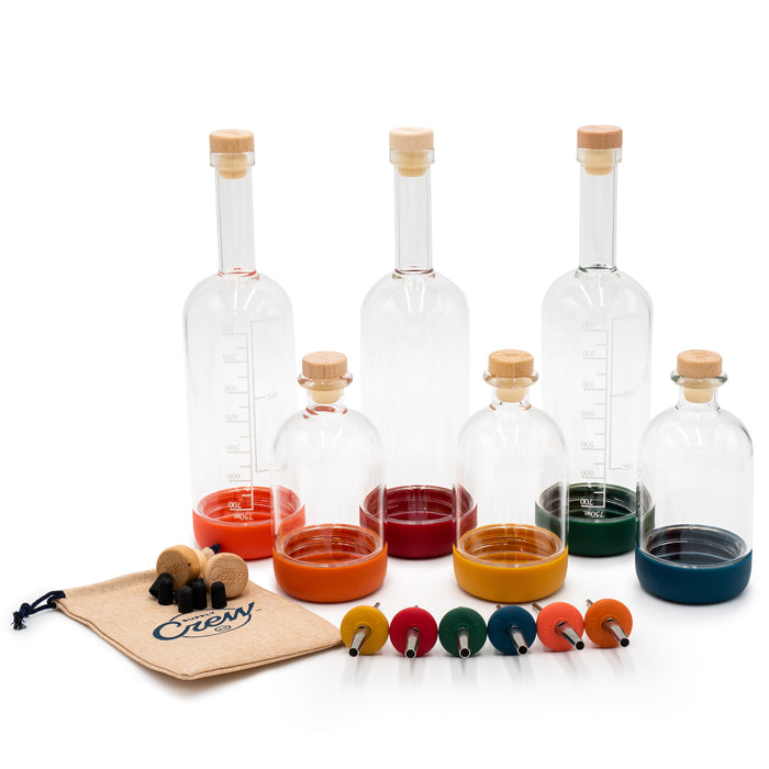 Multi-colored bottles for simple syrups and cocktail prep
